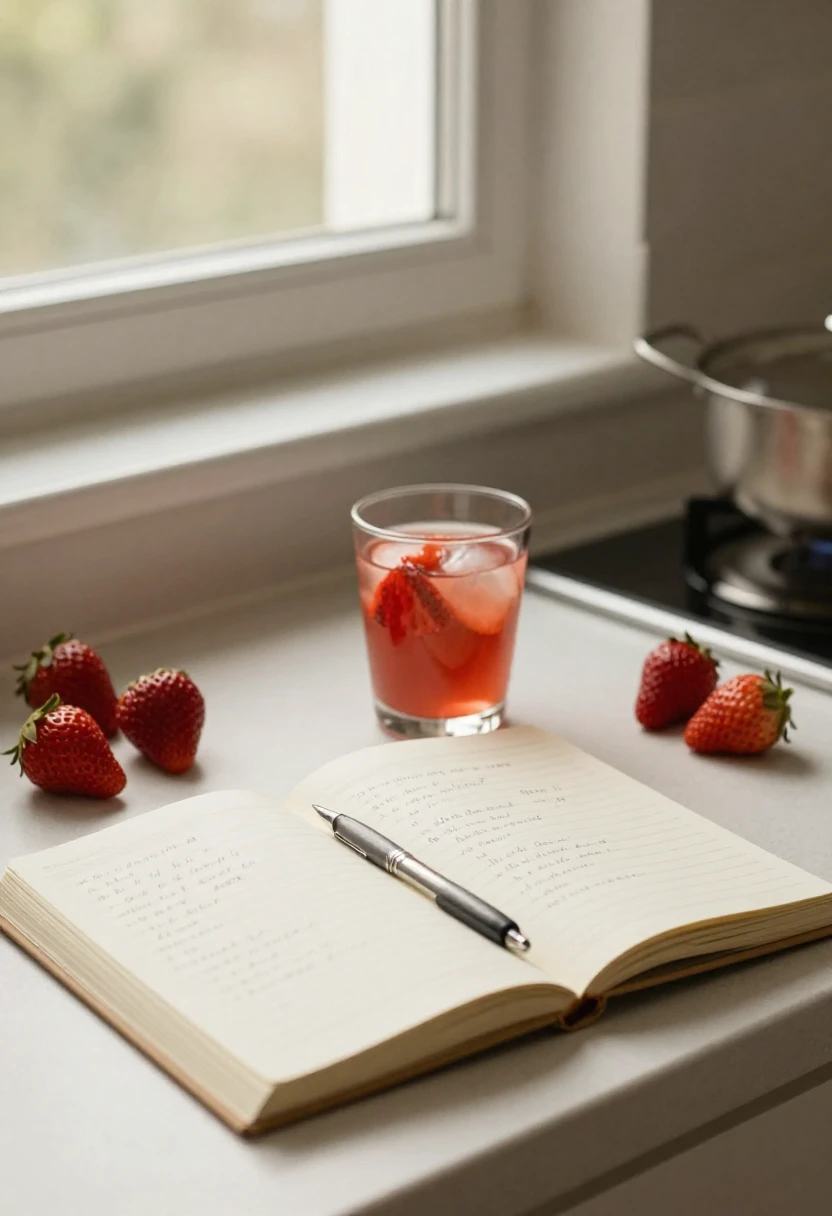 Strawberry lifter drink with recipe notes and ingredients in a cozy home setting