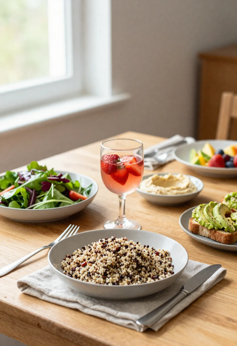Strawberry lifter drink paired with salad, grain bowl, and light healthy lunch foods