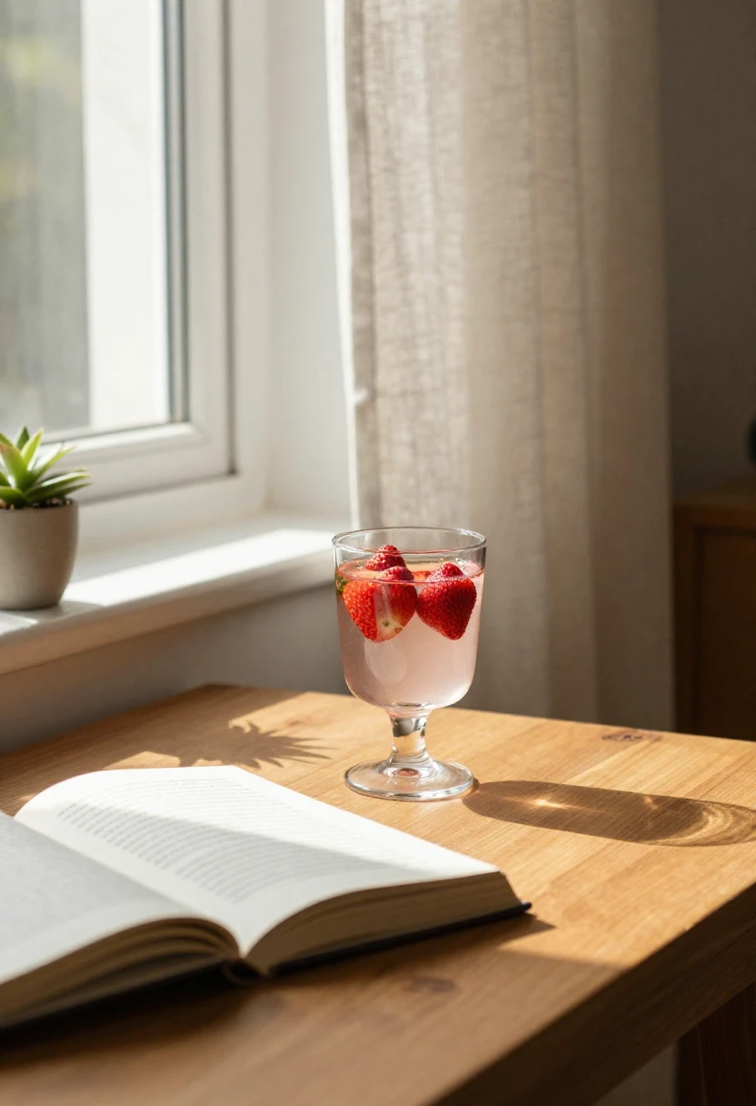 Strawberry lifter drink on a cozy table creating a calm self-care moment at home