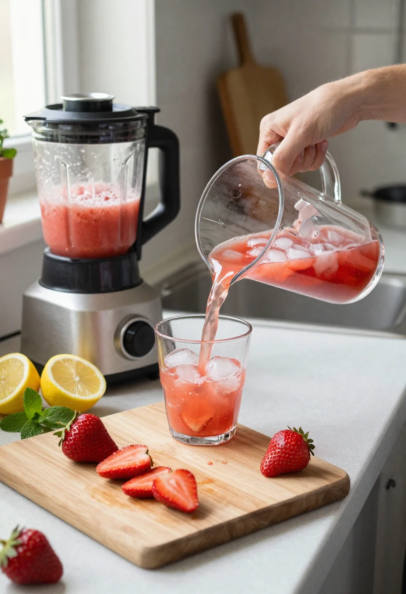 Step-by-step preparation of homemade strawberry lifter drink in a bright kitchen