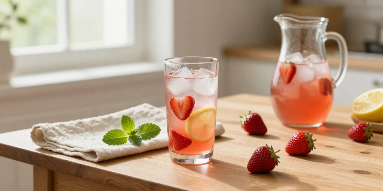Homemade strawberry lifter drink with fresh strawberries, lemon, and mint on a sunny table