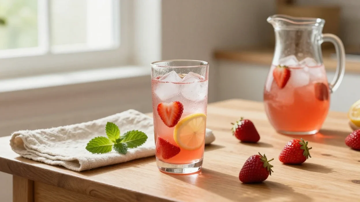 Homemade strawberry lifter drink with fresh strawberries, lemon, and mint on a sunny table