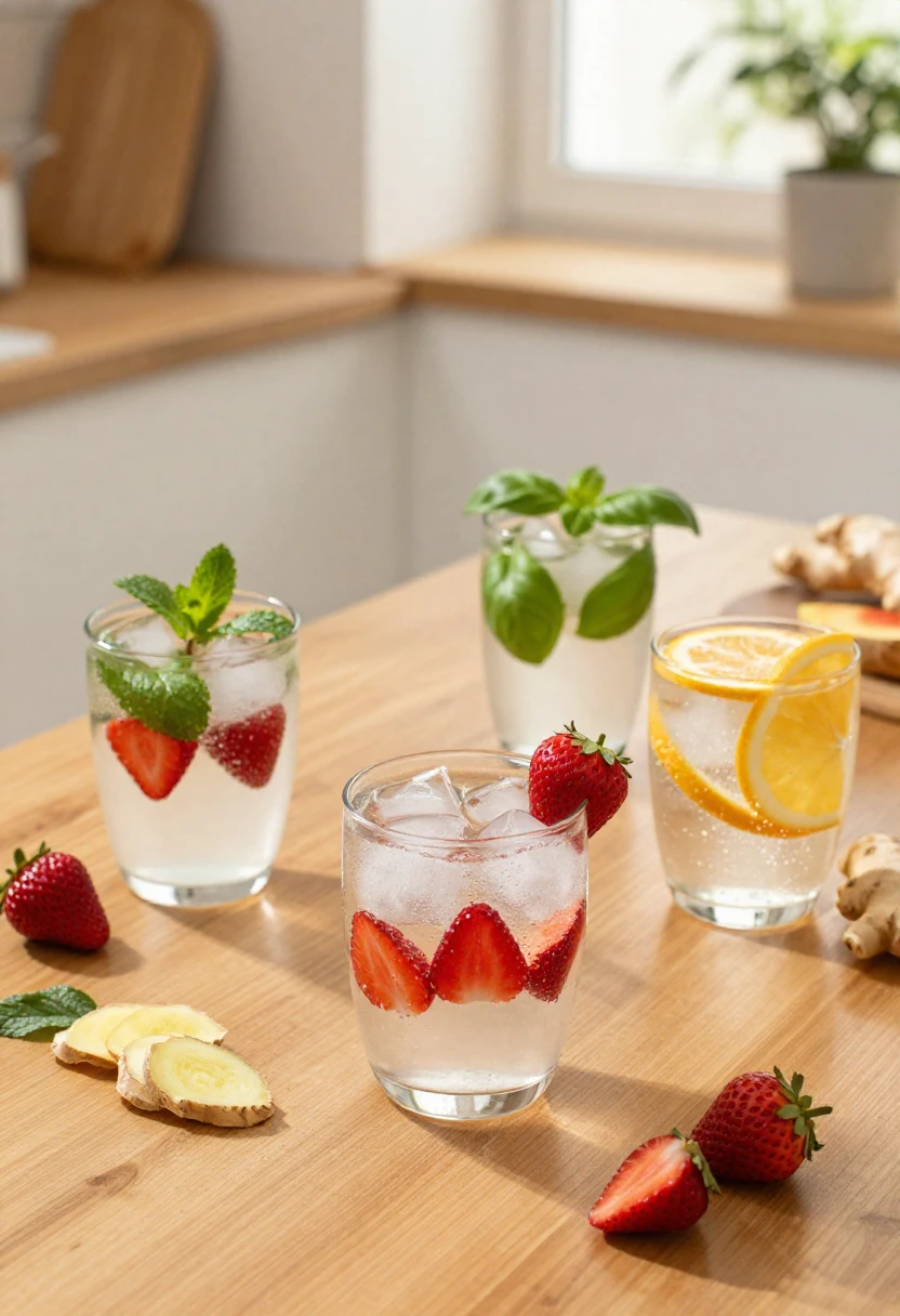 Different strawberry lifter drink variations with mint, basil, ginger, and sparkling water