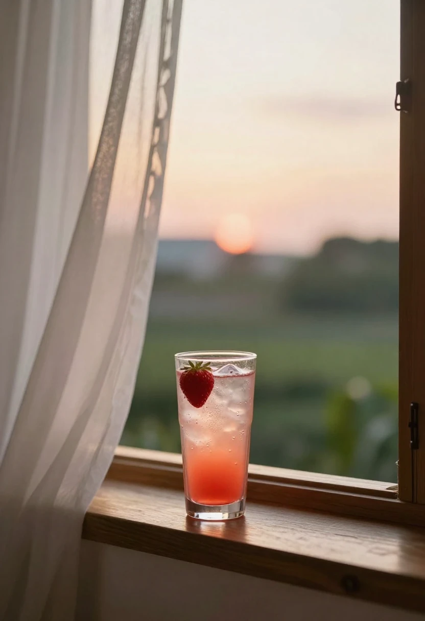 Tall glass of strawberry lemonade glowing in golden-hour sunlight near a window with soft curtains and summer greenery