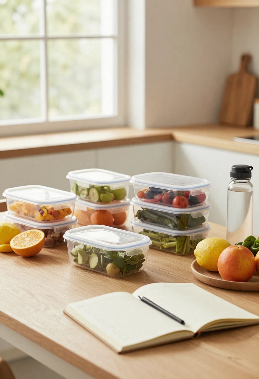 Healthy meal prep and weekly planner representing sustainable lifestyle habits for weight loss