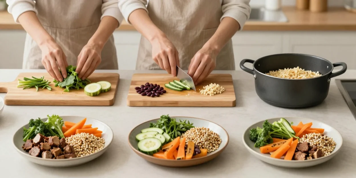 Step-by-step preparation of a healthy balanced meal with vegetables, whole grains, and protein in a bright, natural kitchen setting