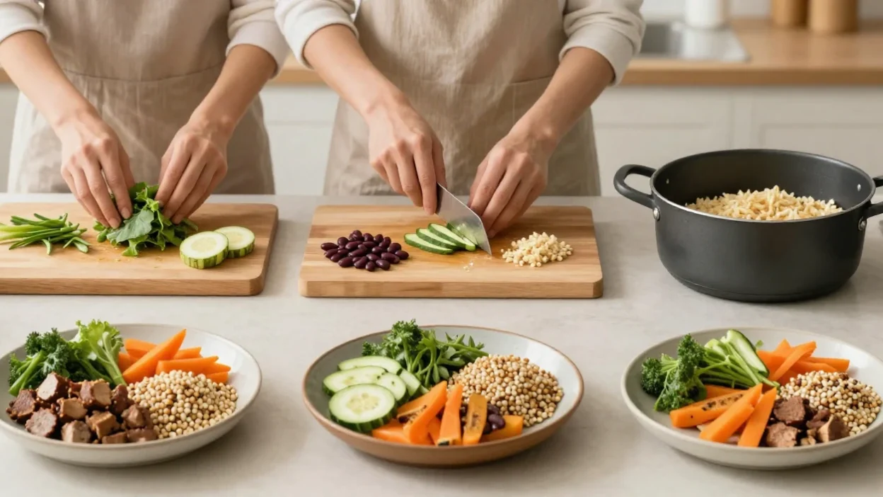 Step-by-step preparation of a healthy balanced meal with vegetables, whole grains, and protein in a bright, natural kitchen setting