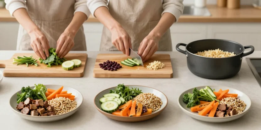 Step-by-step preparation of a healthy balanced meal with vegetables, whole grains, and protein in a bright, natural kitchen setting