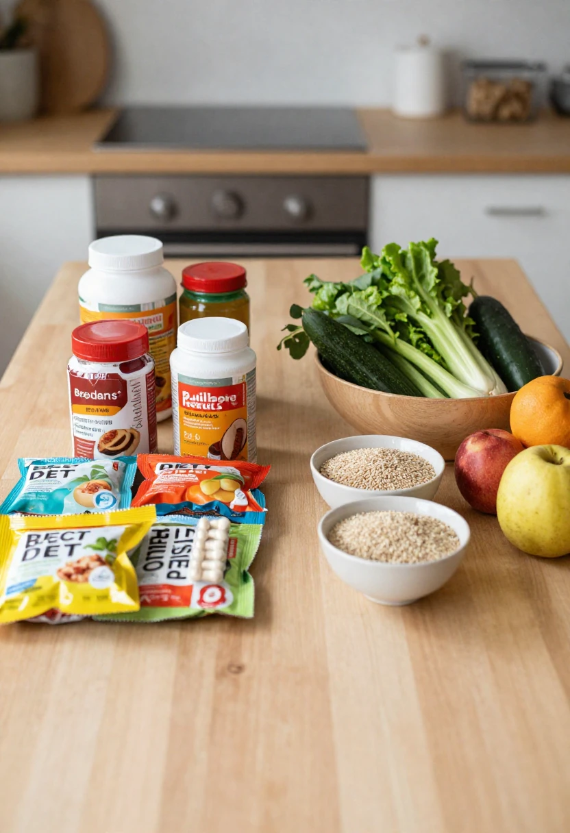 Whole foods and packaged diet products side by side on a sunlit table illustrating sustainable habits versus quick fixes