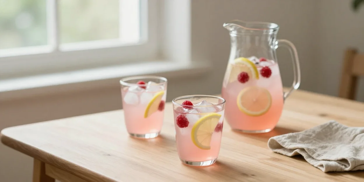 Glass pitcher and glasses of fresh pink lemonade with lemon slices and raspberries in soft natural sunlight on a cozy summer table