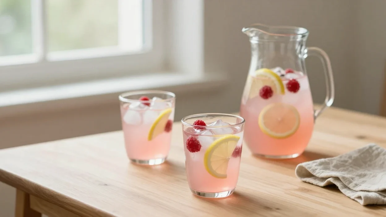 Glass pitcher and glasses of fresh pink lemonade with lemon slices and raspberries in soft natural sunlight on a cozy summer table