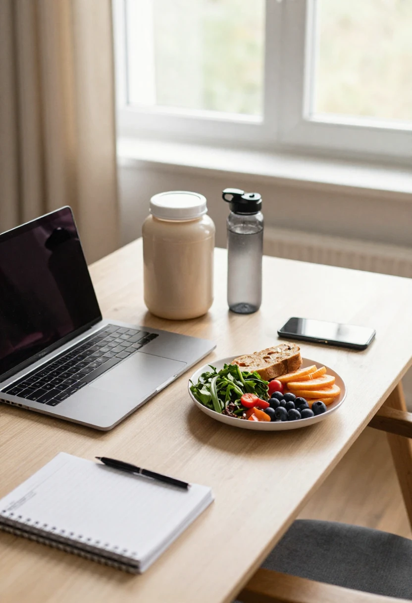 Healthy meal and laptop on a desk showing balance between work and weight loss