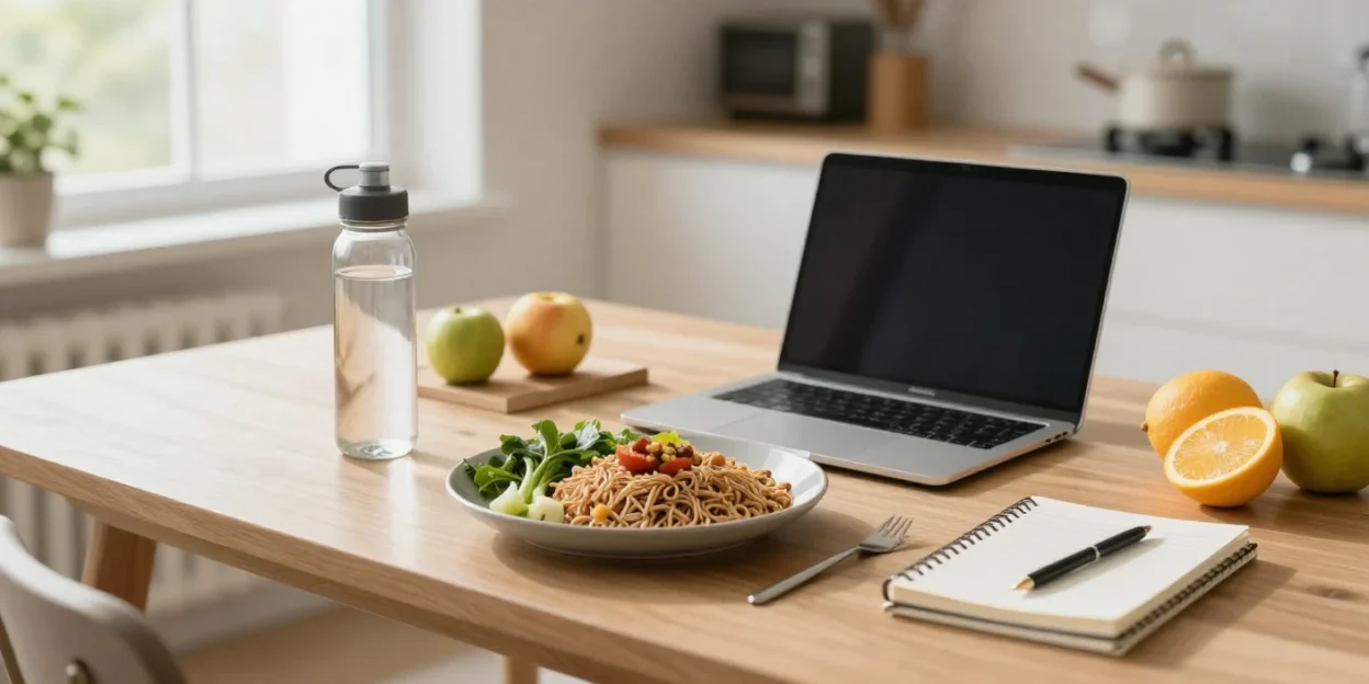 Healthy meal and laptop on a desk representing time-efficient weight loss for busy professionals