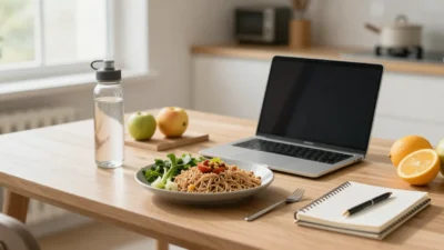 Healthy meal and laptop on a desk representing time-efficient weight loss for busy professionals