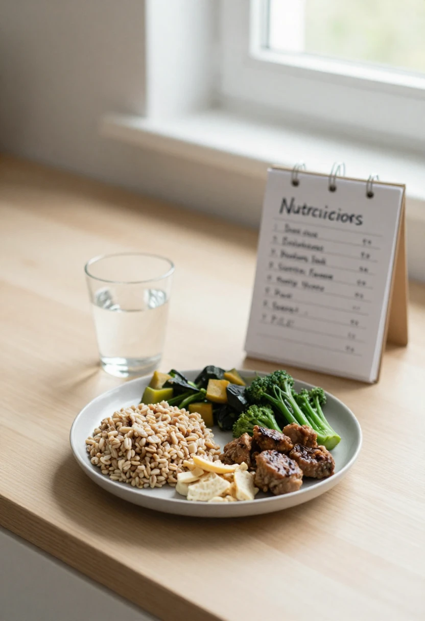 Balanced plate with whole grains, vegetables, and protein beside a nutrition chart in soft natural light representing blood sugar balance