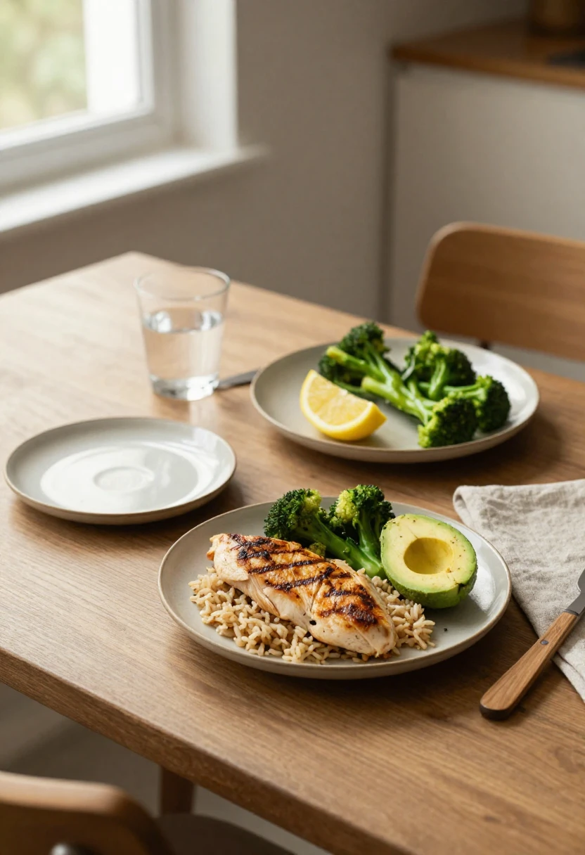 Balanced portioned meal with chicken, rice, vegetables, and avocado representing a healthy calorie deficit for weight loss