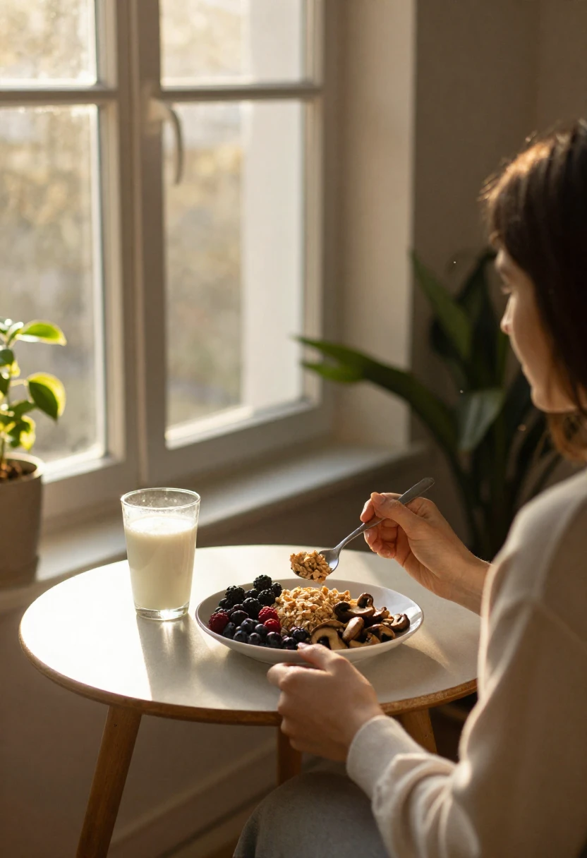 Plant-based breakfast with fortified milk and sunlight for vitamin D support