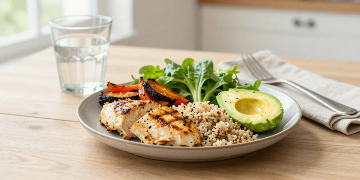 Balanced weight loss meal with protein, vegetables, and whole grains on a sunlit table