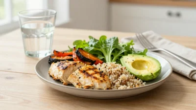 Balanced weight loss meal with protein, vegetables, and whole grains on a sunlit table