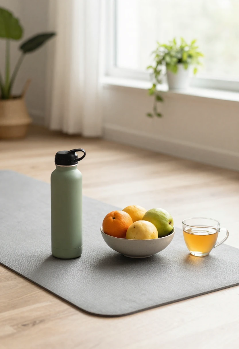 Yoga mat, herbal tea, fruit bowl, and water bottle in soft sunlight showing a balanced lifestyle beyond supplements