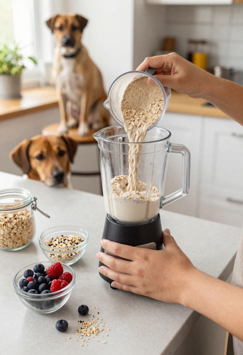 Preparing a diet shake with protein powder and natural ingredients at home
