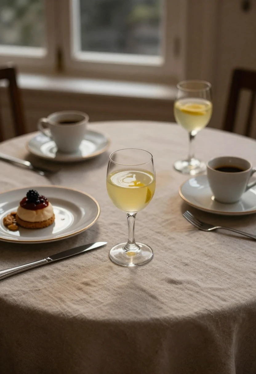 Small glass of limoncello on a cozy Italian-style dining table with espresso cups and dessert plates in soft evening light