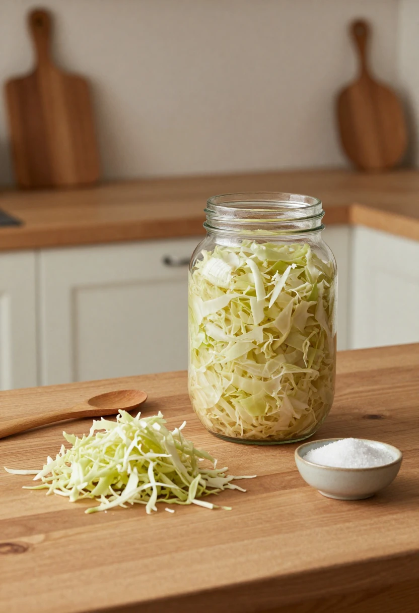Shredded cabbage and fermentation jar showing traditional preparation of sauerkraut