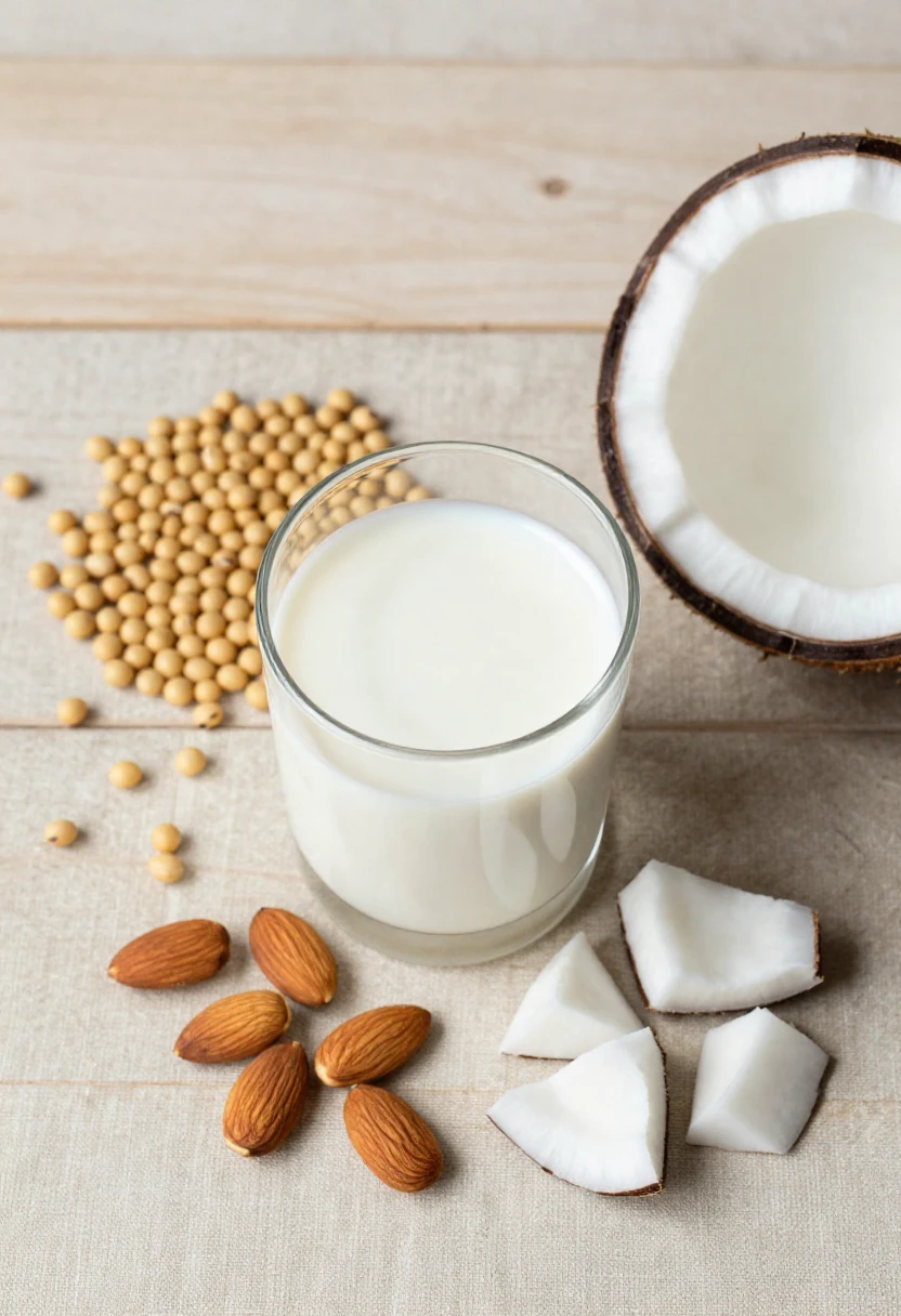 Soymamicoco ingredients showing soybeans, almonds, and coconut with creamy plant-based milk