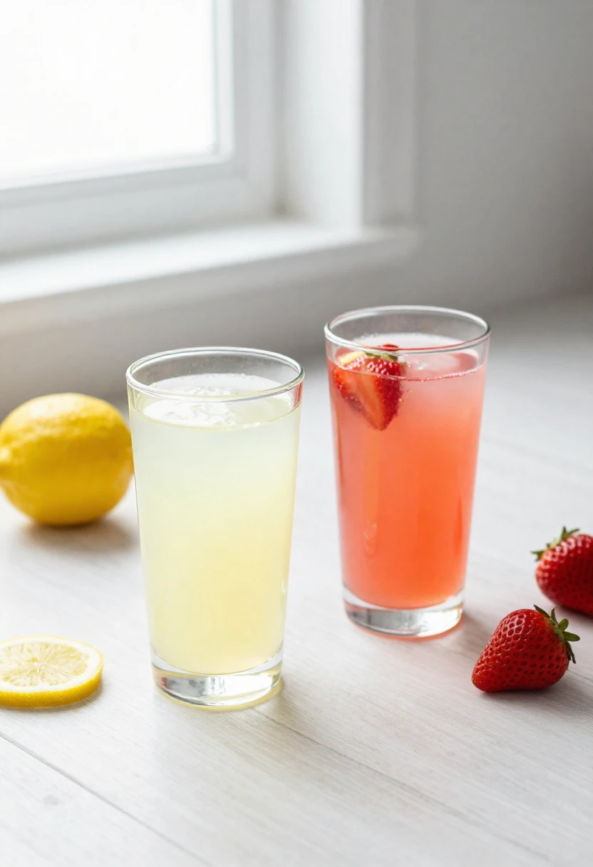 Glass of classic lemonade and glass of strawberry lemonade side by side with fresh lemons and strawberries in natural light