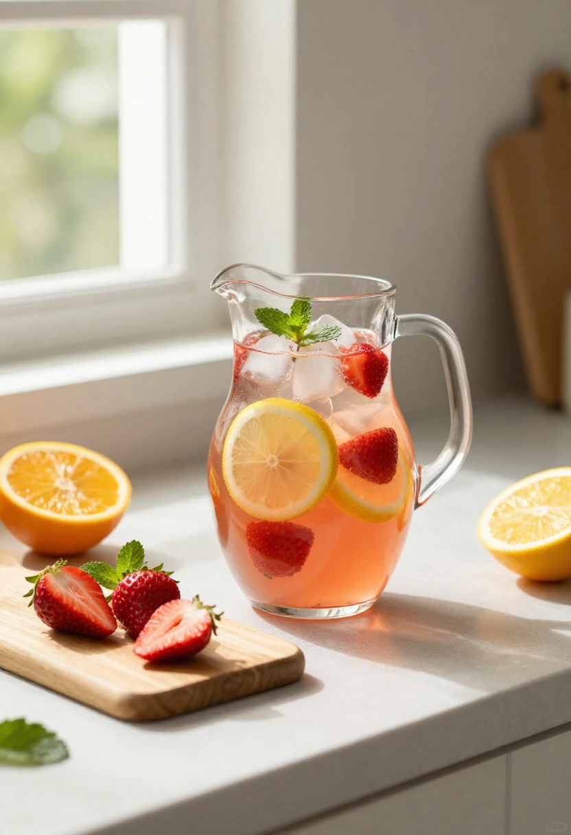 Homemade strawberry lifter drink with lemon, mint, and fresh strawberries in glass pitcher