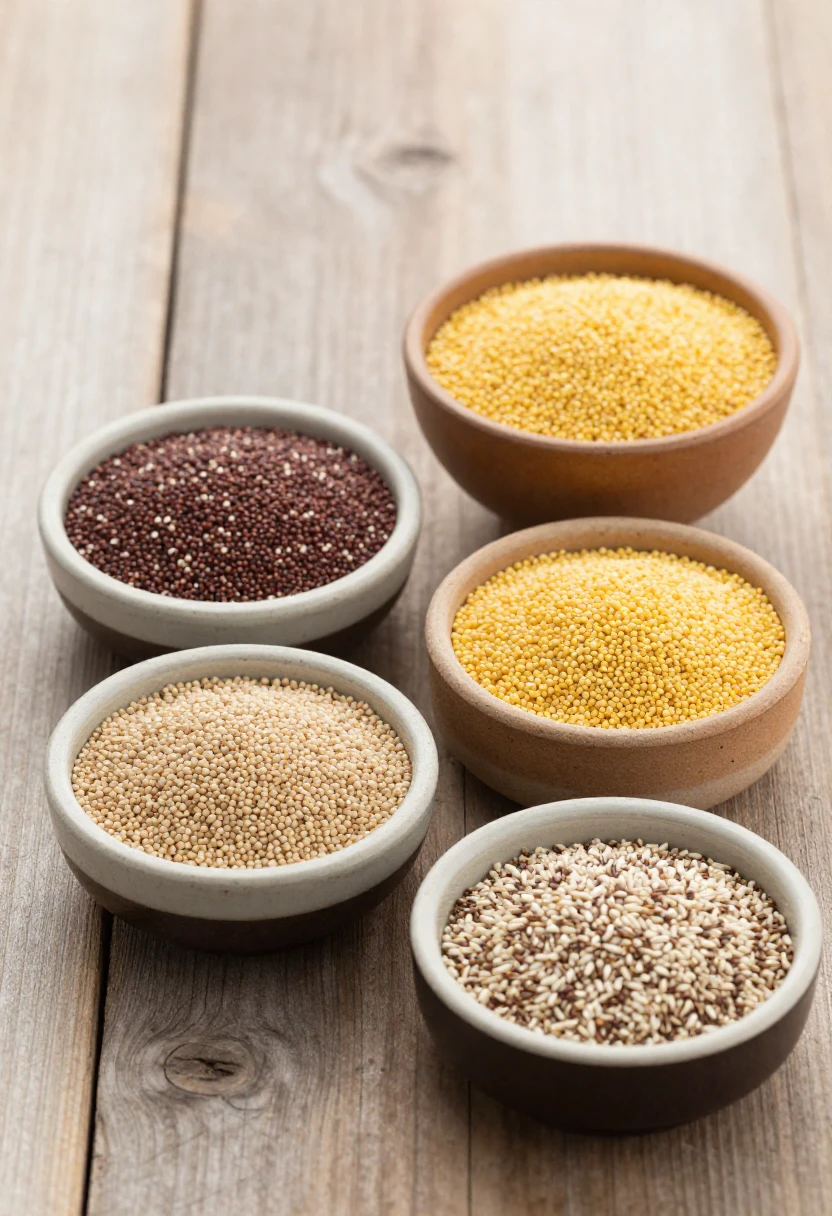 Ancient grains quinoa, millet, and amaranth shown in a timeless, natural setting