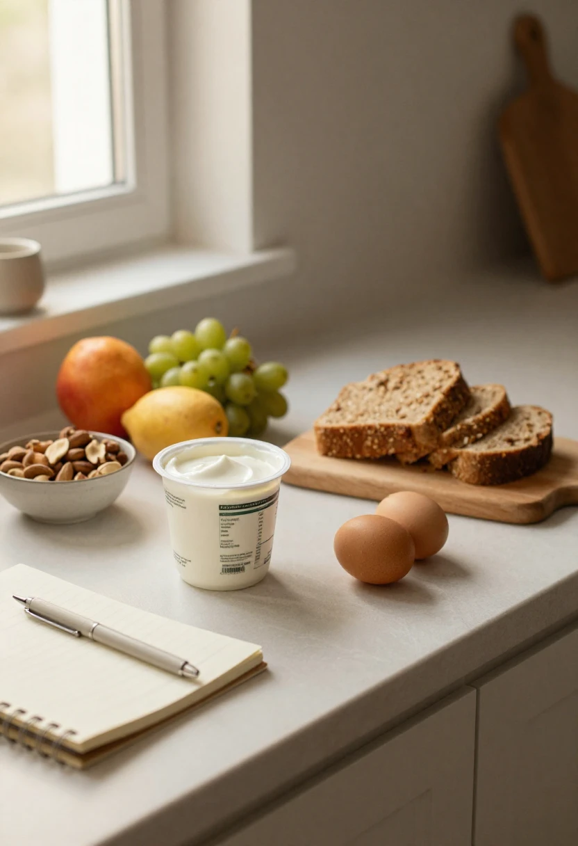 Whole foods and yogurt on a softly lit kitchen counter representing a balanced perspective on calories and weight loss