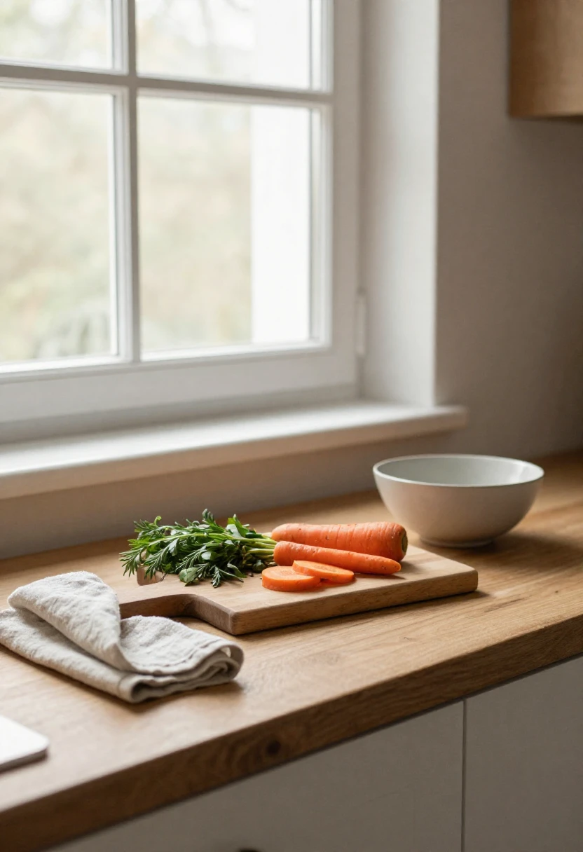 Fresh vegetables and cutting board in soft kitchen light representing the calm feeling of cooking at home