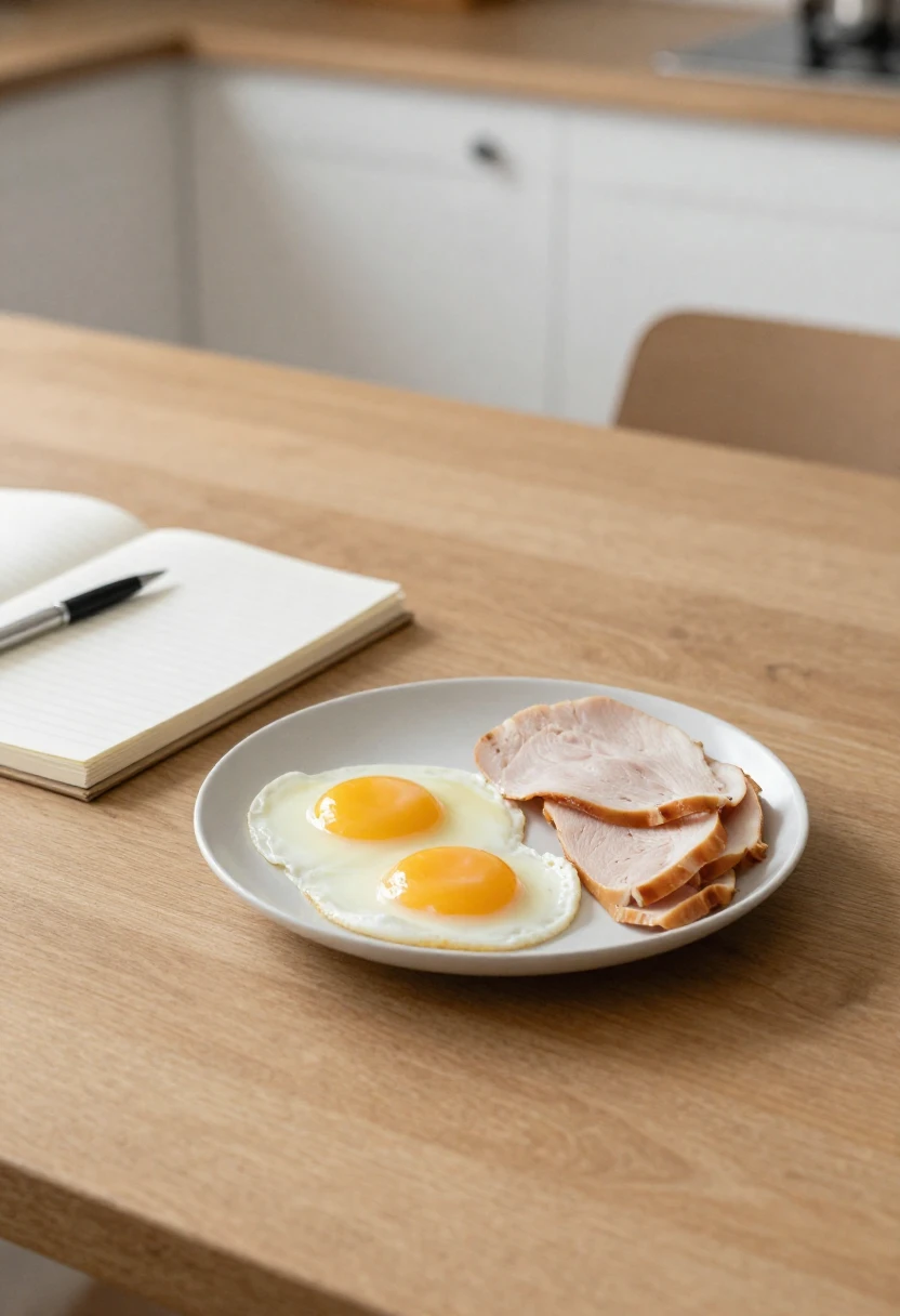 High-protein breakfast with notebook symbolizing curiosity about the structured Dukan Diet plan