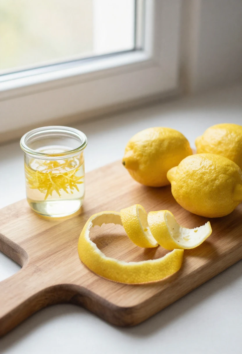 Fresh lemons and lemon peels on a wooden cutting board with a jar of lemon zest in alcohol in soft natural light