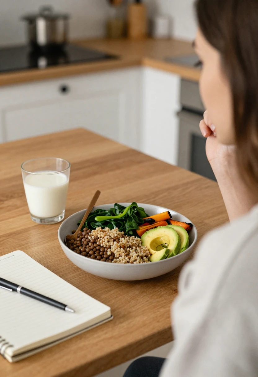 Planning a balanced plant-based meal with nutritious whole foods at home