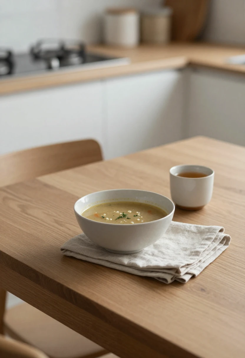 Simple bowl of soup and tea in soft light representing the calming appeal of the Zen Diet