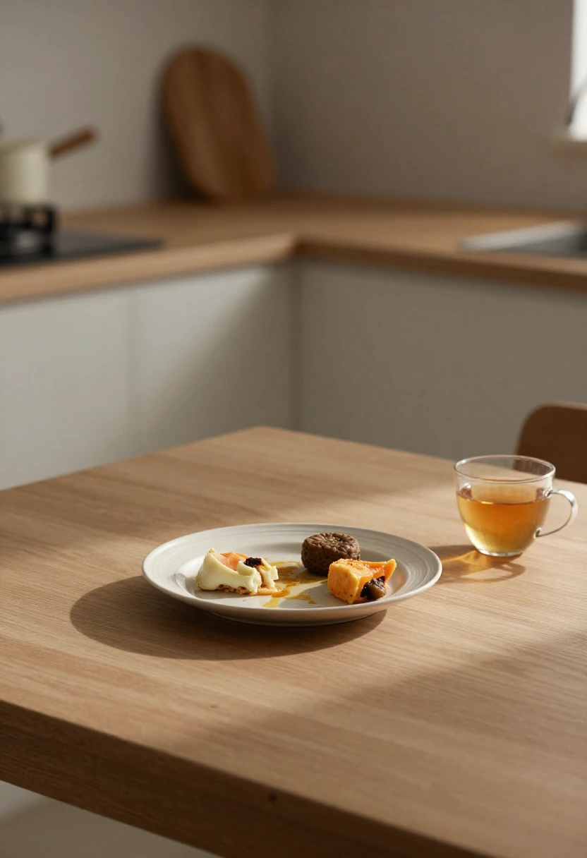 Partially eaten simple meal and tea symbolizing reflection on mindful eating challenges