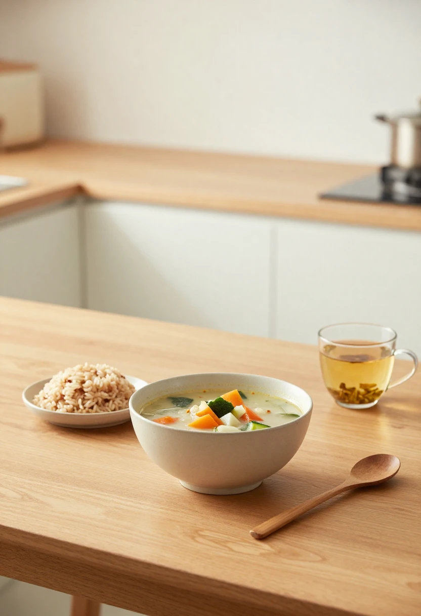 Warm soup, brown rice, and herbal tea representing mindful eating and digestive support in the Zen Diet