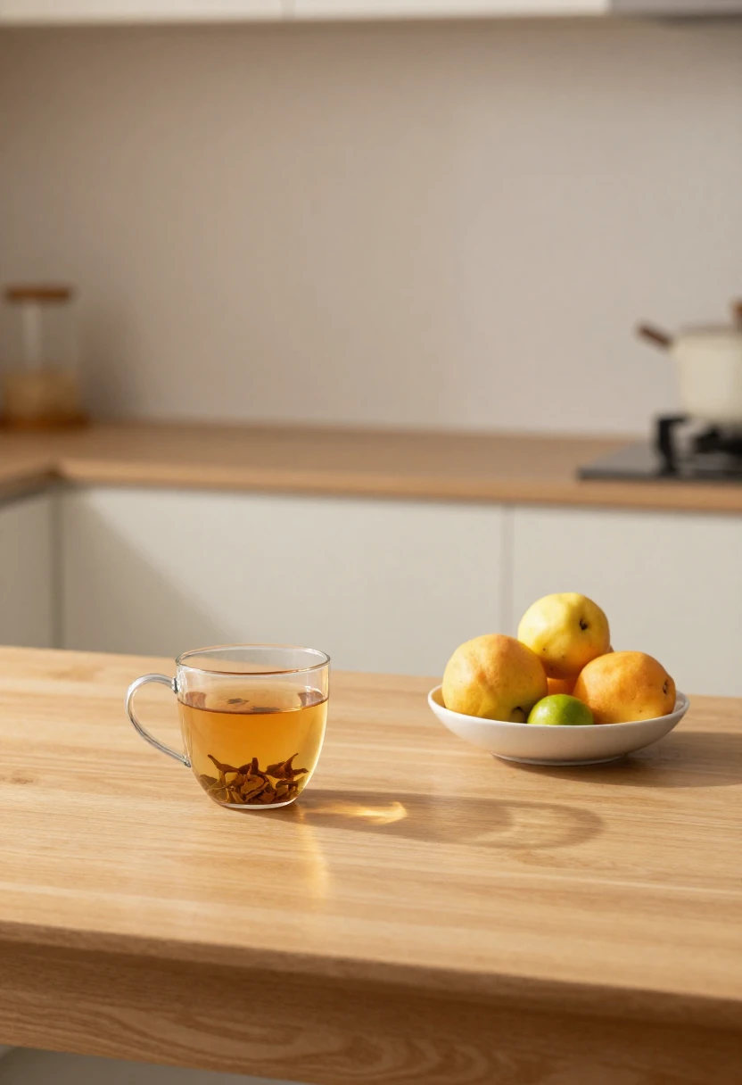 Herbal tea and fresh fruit in soft light representing emotional and mental balance through mindful eating
