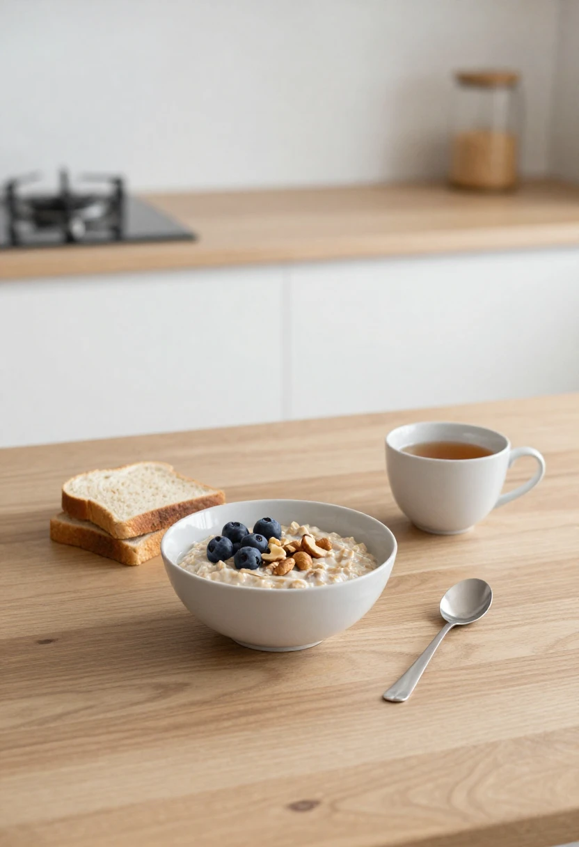Simple breakfast with oatmeal, berries, and tea representing everyday mindful meals in the Zen Diet