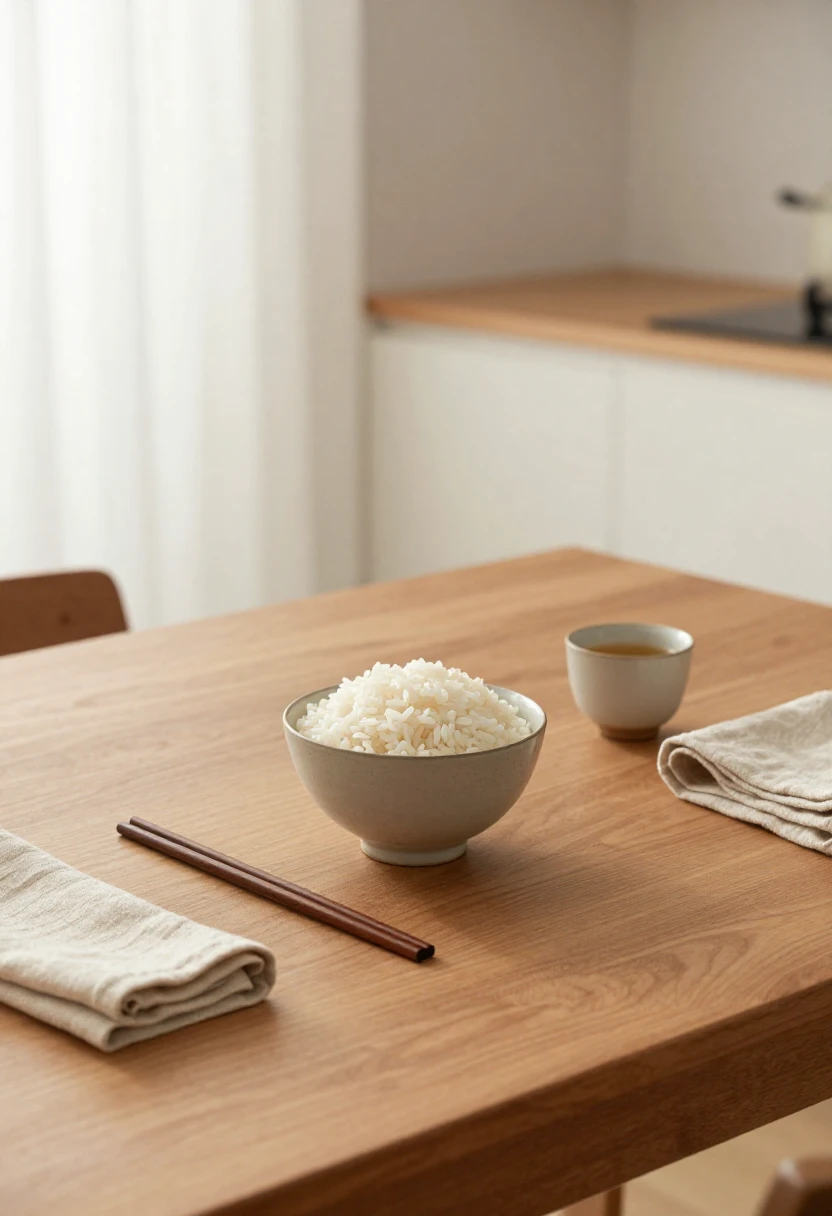 Simple meal setting with rice and tea representing mindful rituals and calm mealtime posture in the Zen Diet