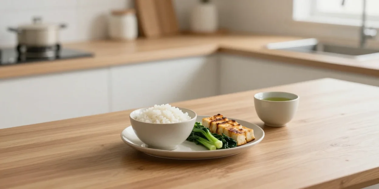 Simple balanced meal with rice, vegetables, and tea representing mindful eating in the Zen Diet