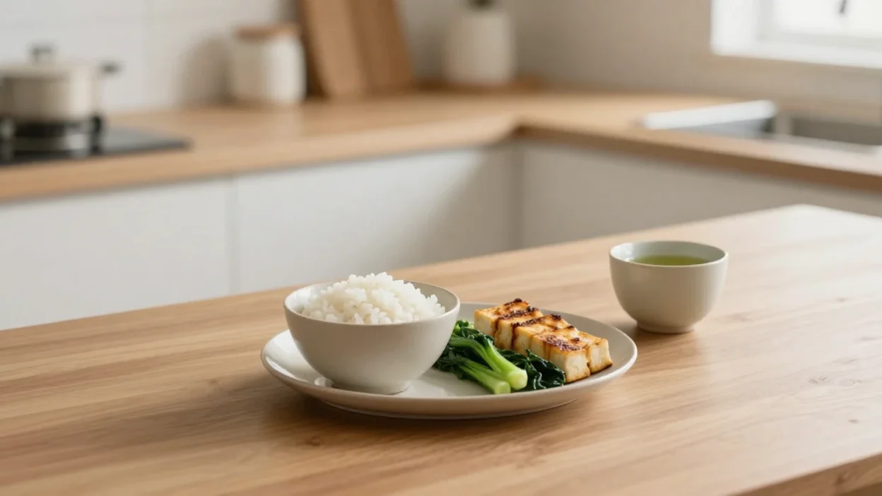 Simple balanced meal with rice, vegetables, and tea representing mindful eating in the Zen Diet