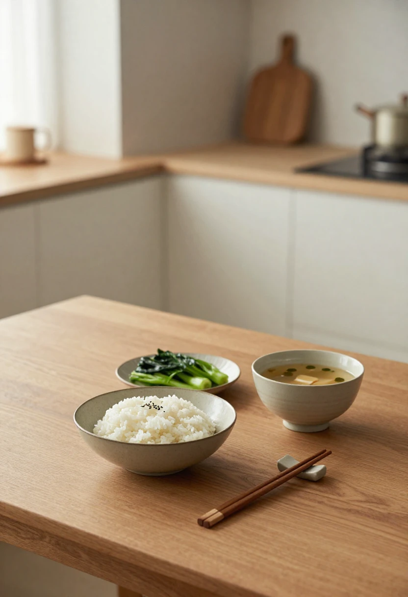 Simple traditional meal with rice and vegetables representing the philosophy behind the Zen Diet