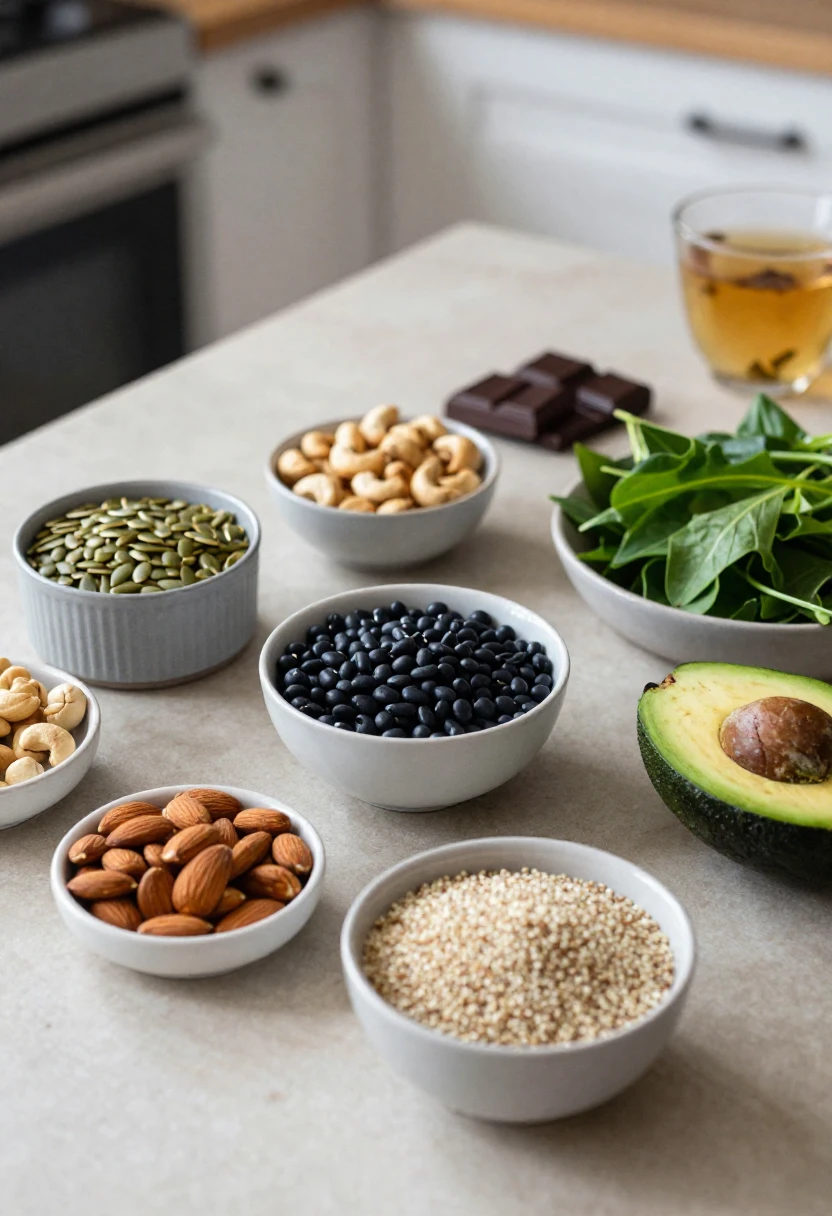 Zinc and magnesium rich plant foods including nuts, seeds, beans, and whole grains