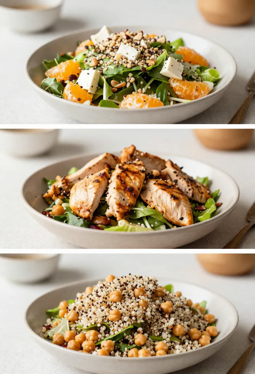 Three variations of mandarin salad with chicken, grains, and classic version