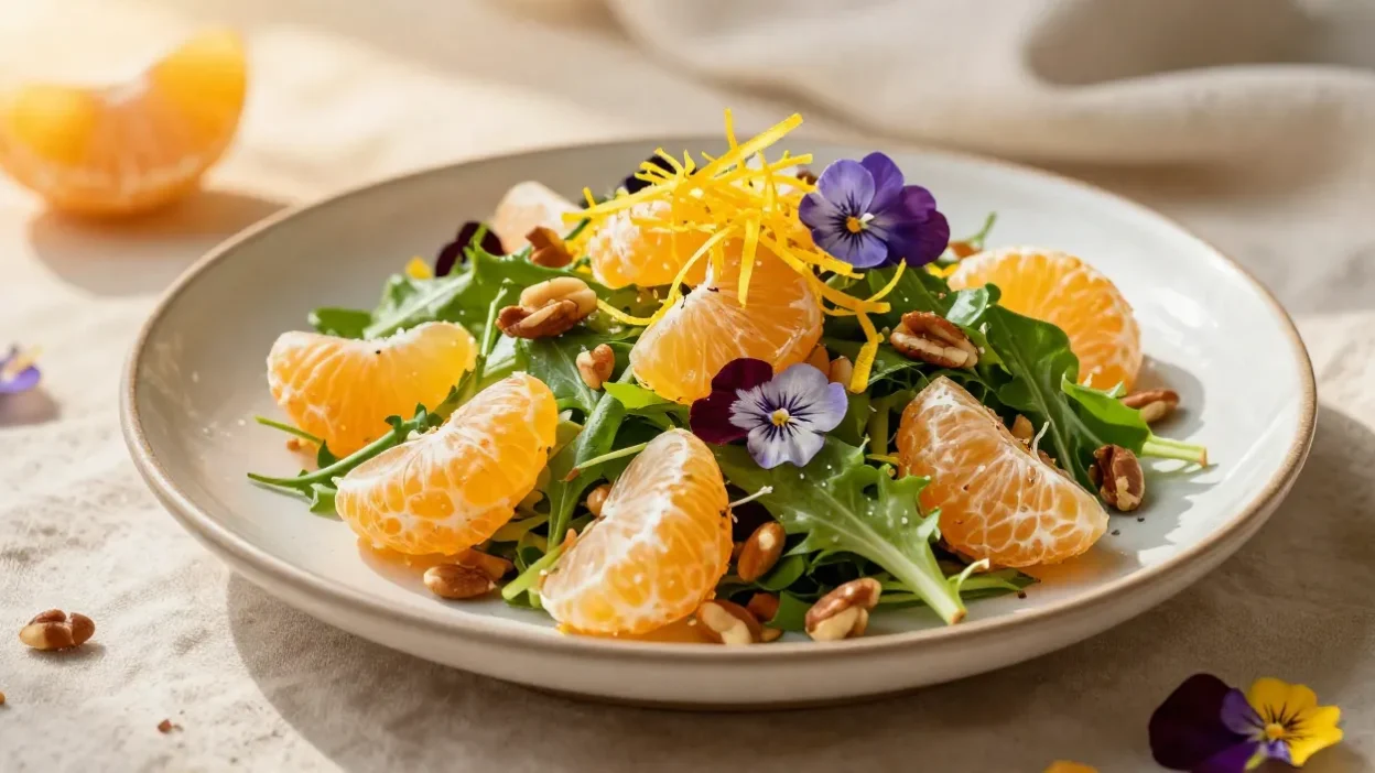 Elegant mandarin salad with nuts, edible flowers, and fresh greens in soft light