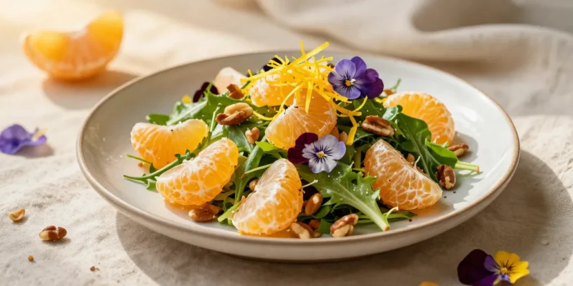 Elegant mandarin salad with nuts, edible flowers, and fresh greens in soft light
