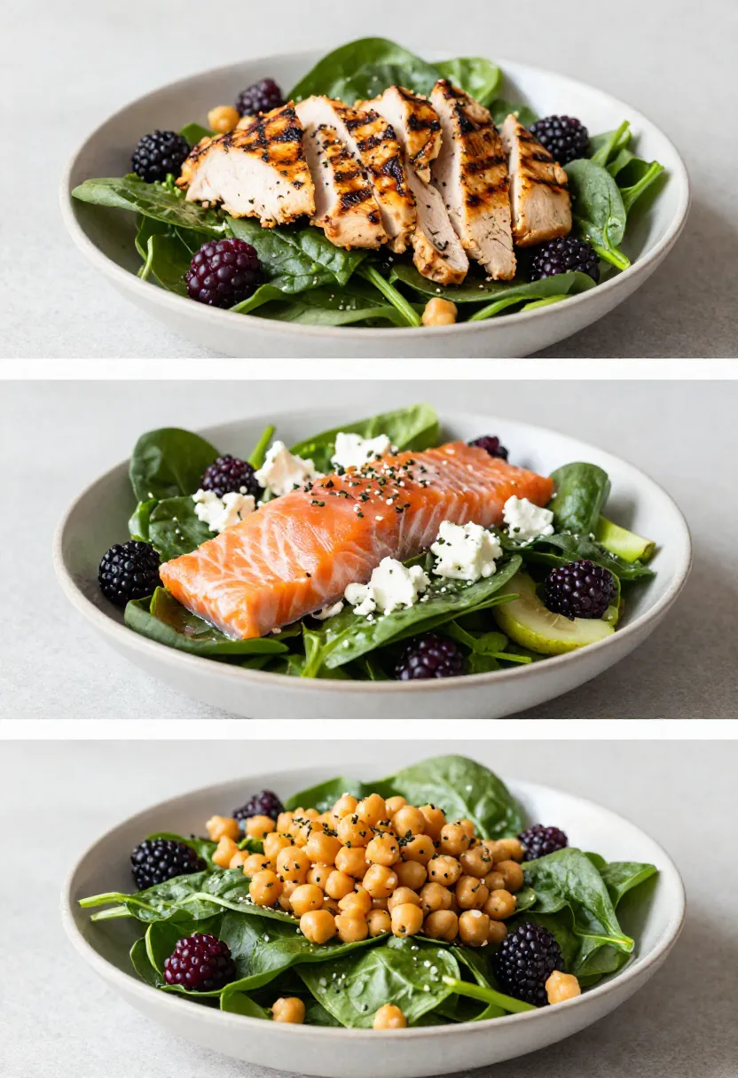 Collage of spinach berry salad variations with different toppings